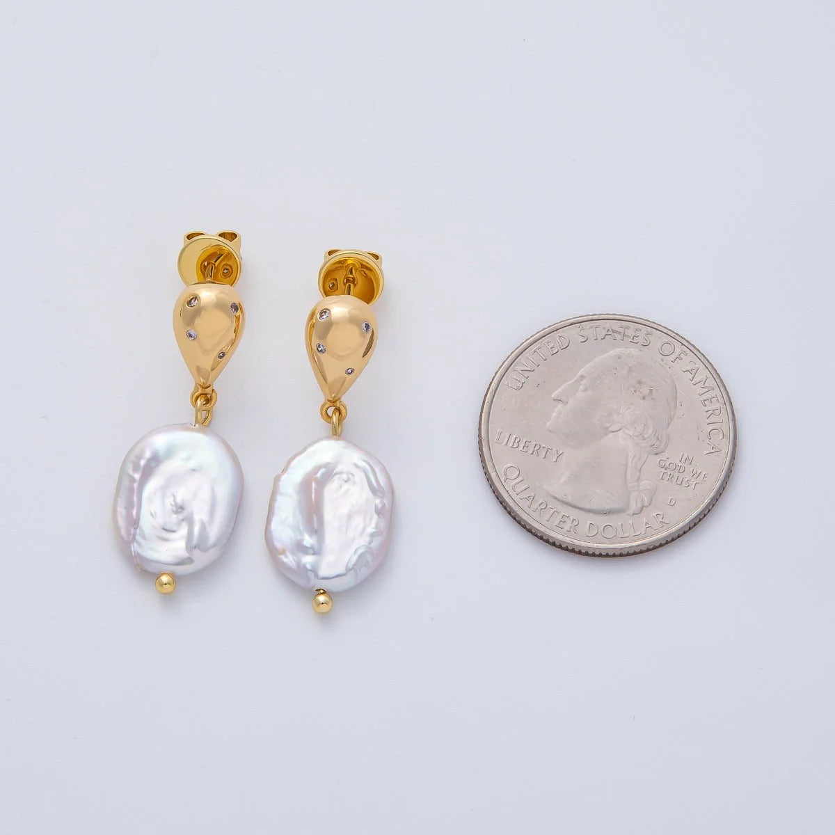 8K Gold Filled 31.5mm Baroque Shell Pearl Drop Stud Earrings