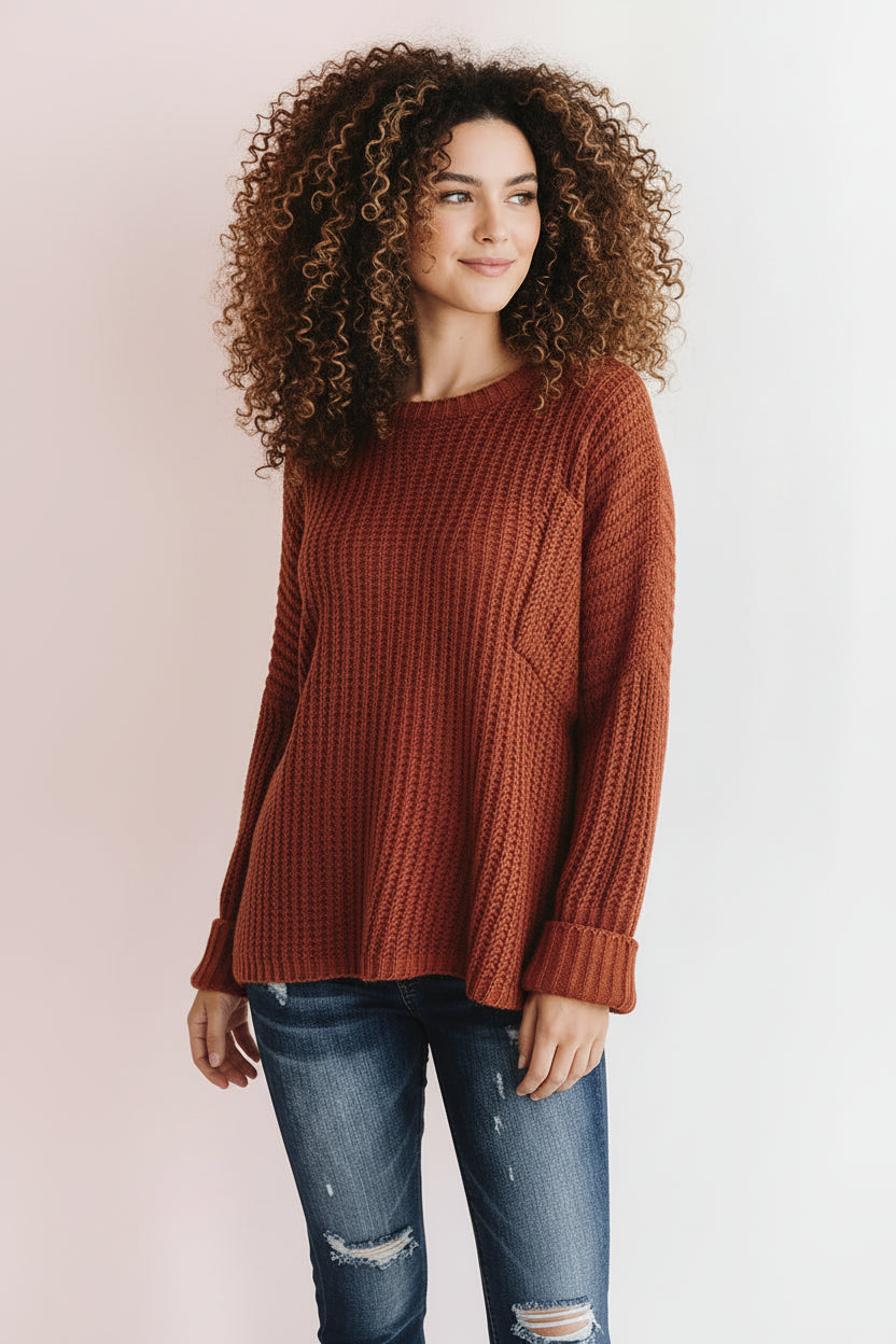 Cuffed Sleeve Chenille Cable Knit Sweater
