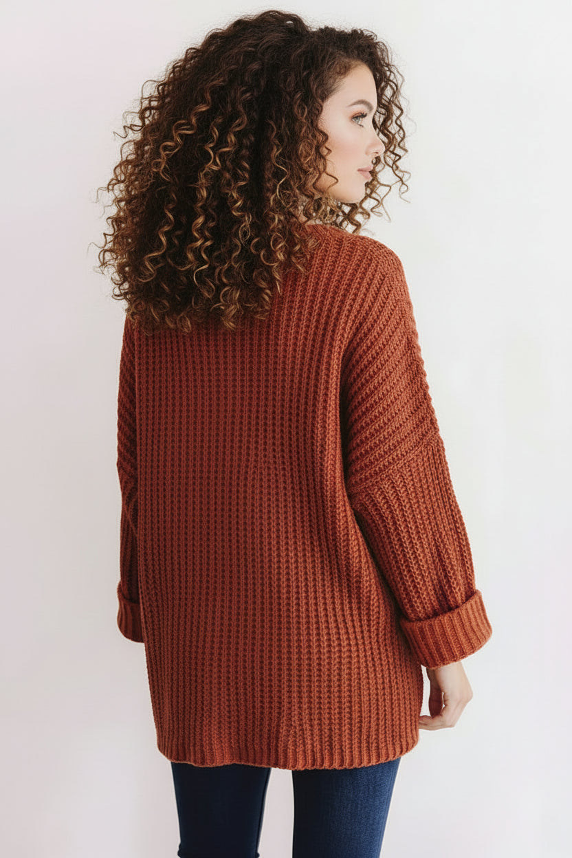 Cuffed Sleeve Chenille Cable Knit Sweater