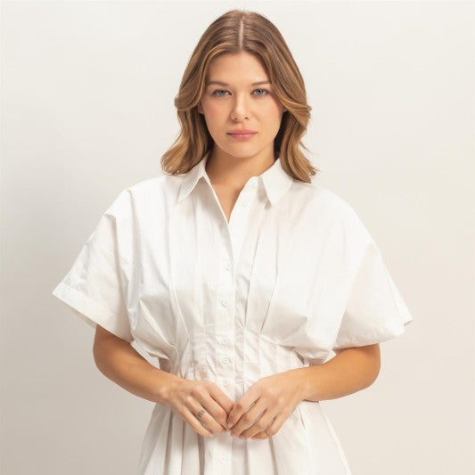 Pleated Button-Up Dress