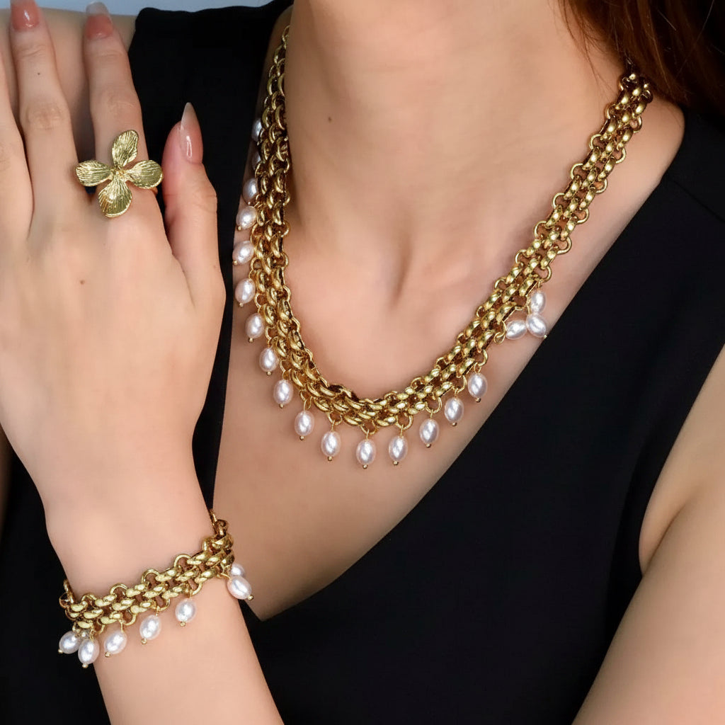 Tassel Pearls Necklace and Bracelet Set
