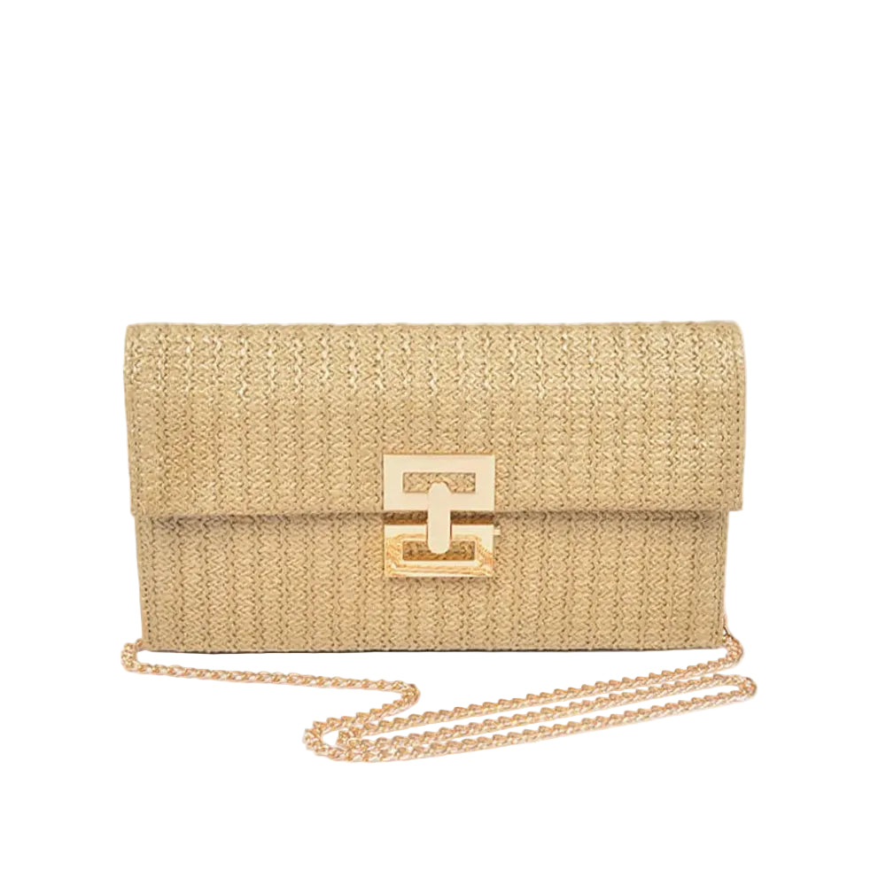 Faux Straw Metal Flap Clutch
