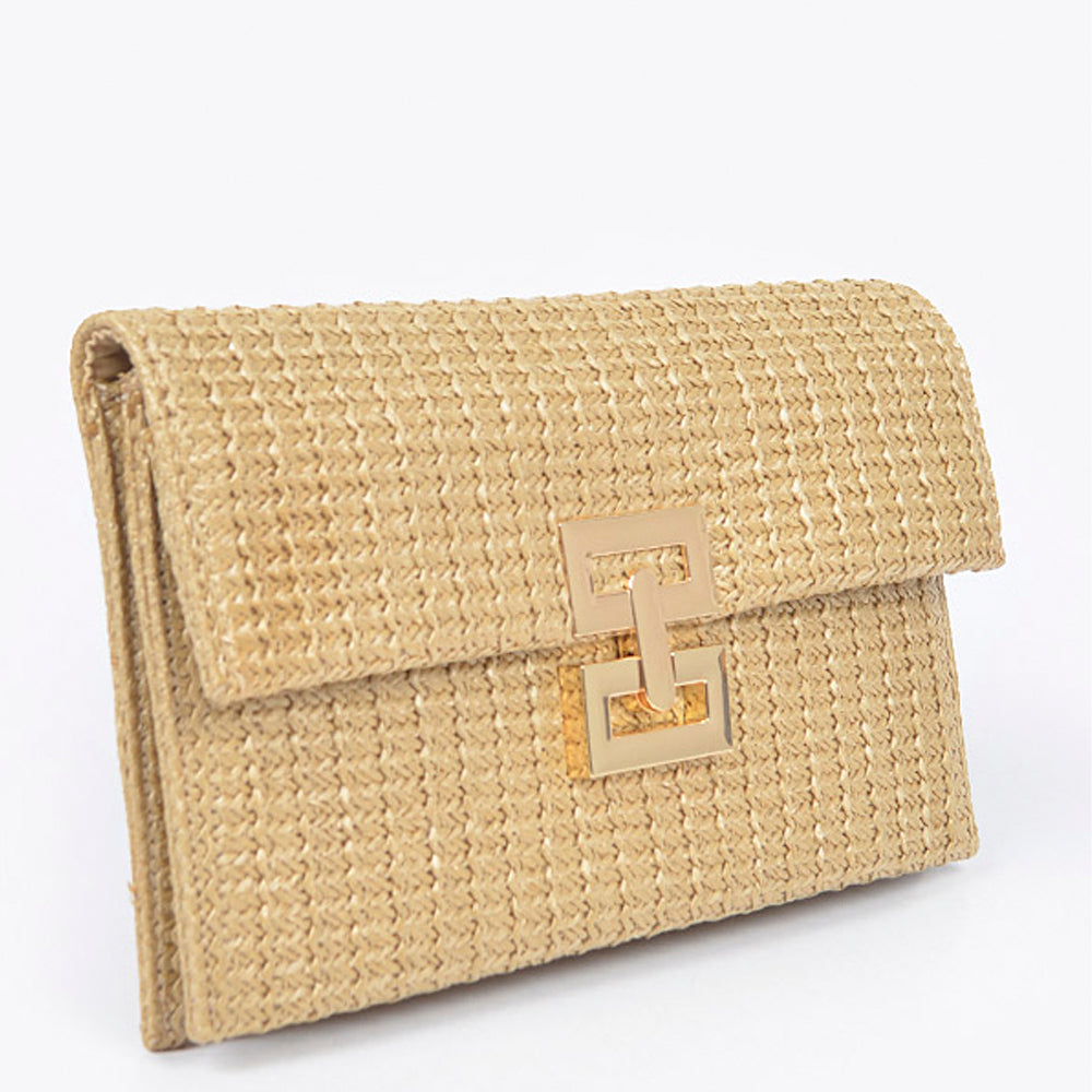 Faux Straw Metal Flap Clutch