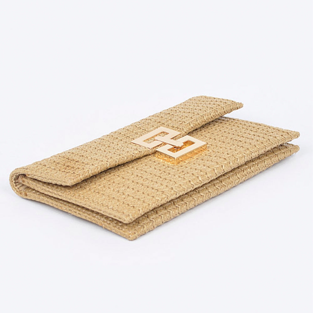Faux Straw Metal Flap Clutch