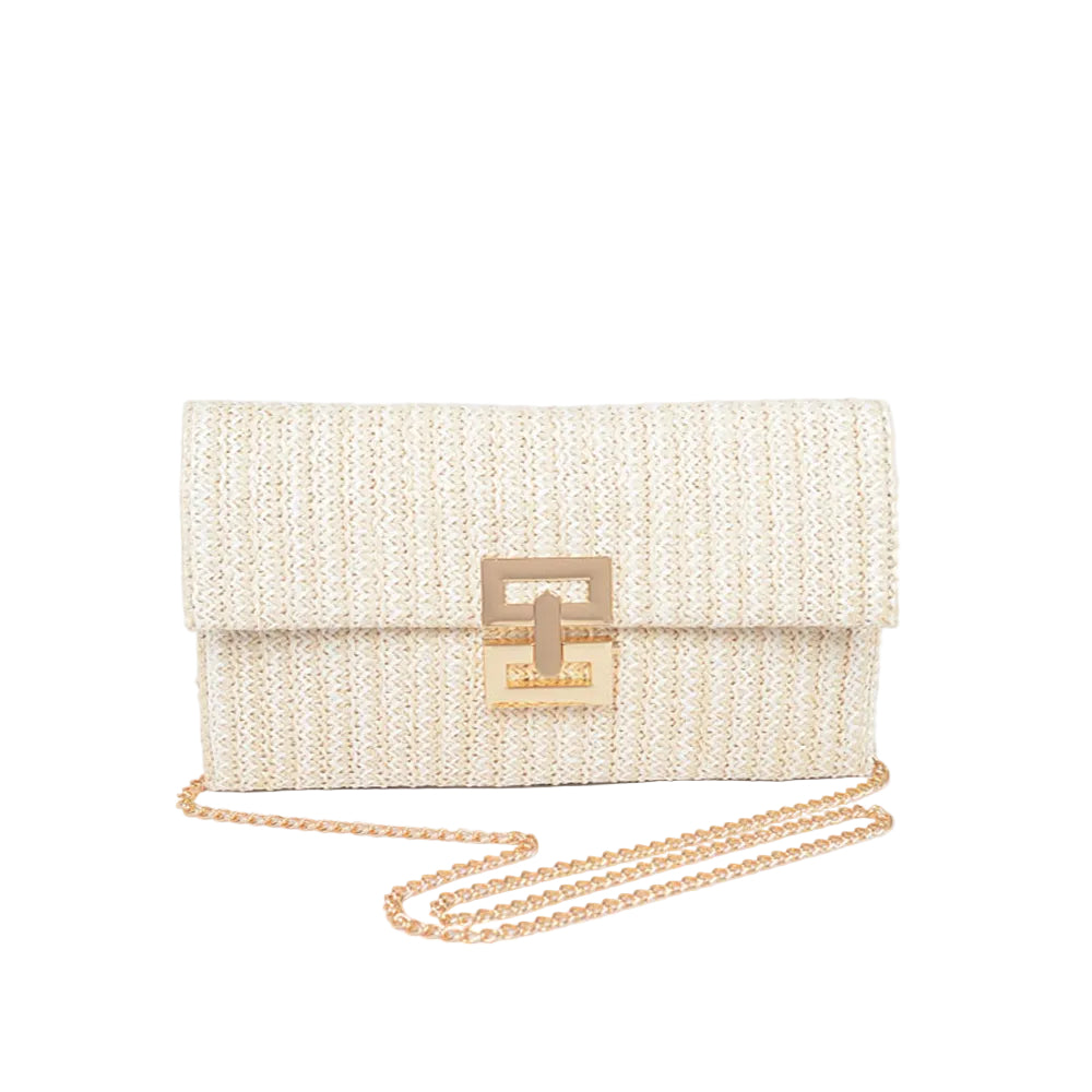 Faux Straw Metal Flap Clutch