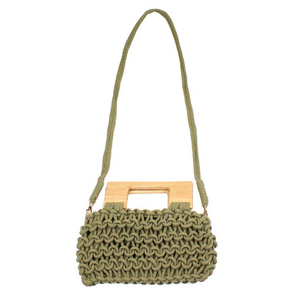 Woven Crochet Net Cross Body Wooden Handle Bag