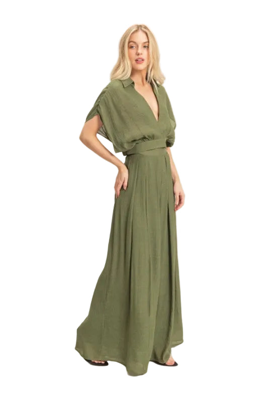 Collared Wrap Top & Wide-leg Pants Set