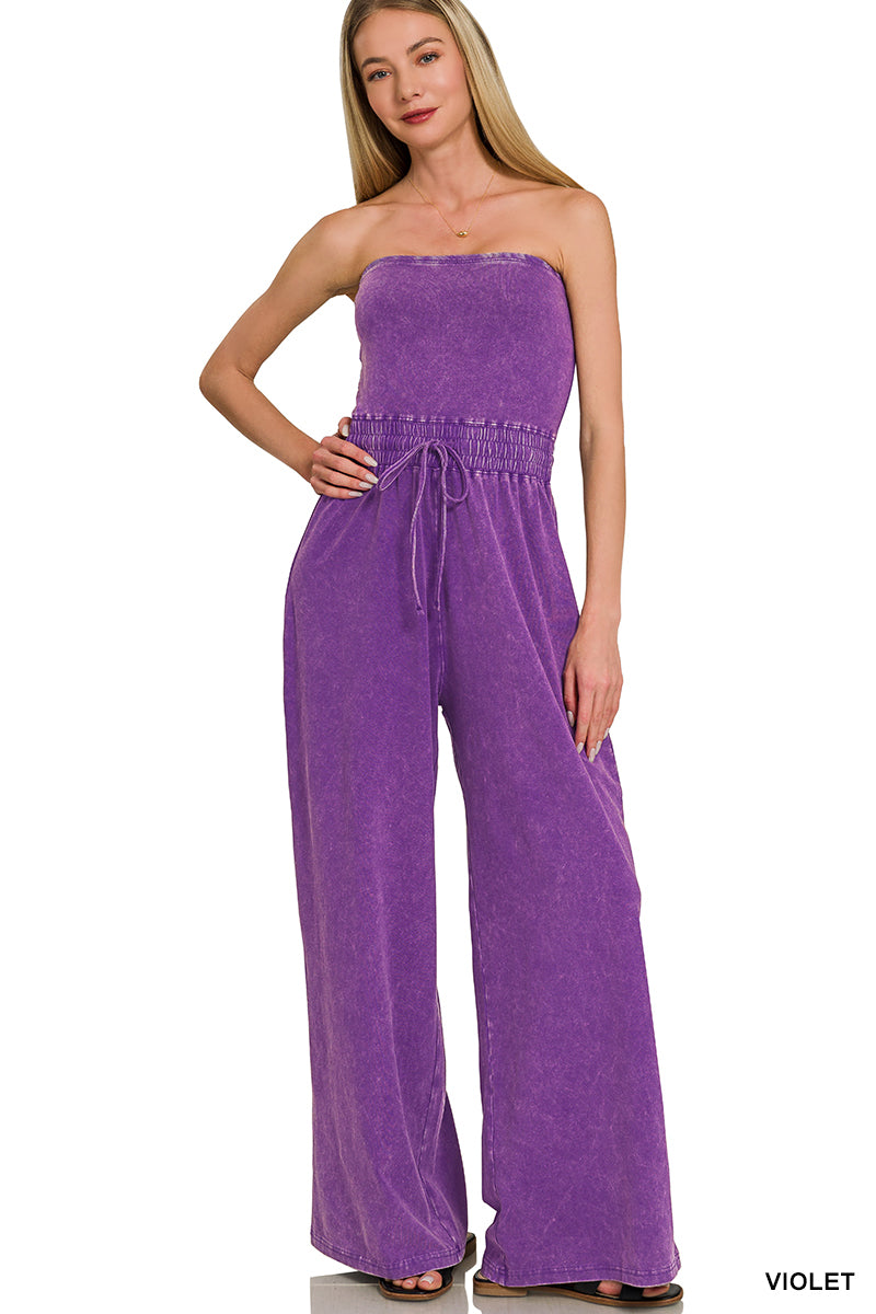 Acid Washed Strapless Tube Top Jumpsuit