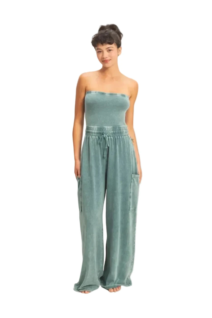 Mineral Wash Strapless Wide-Leg Jumpsuit