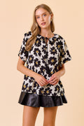 Floral Print Split V-Neck Button Down Flutter Short Sleeve Top