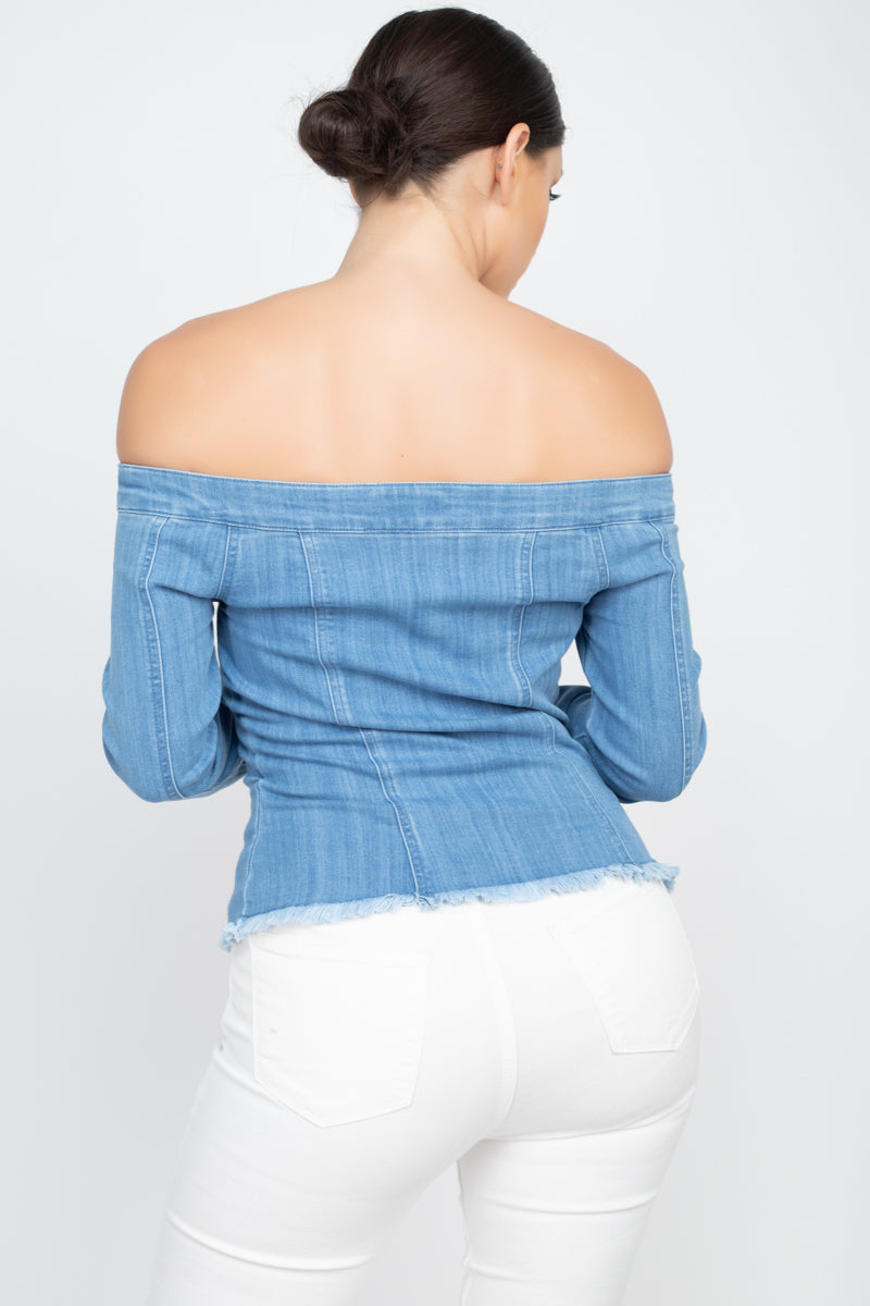 Off-Shoulder Distressed Hem Denim Jacket