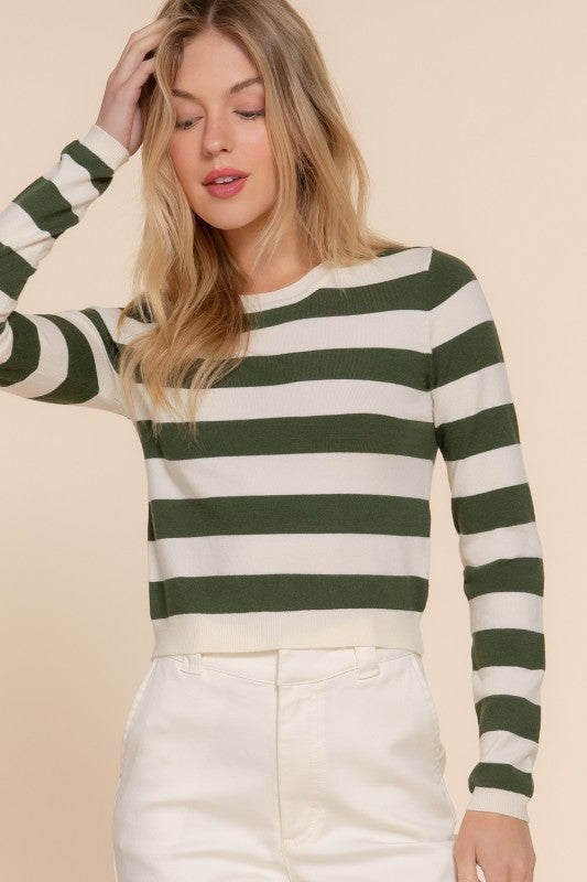 CREW NECK STRIPE FITTED SWEATER