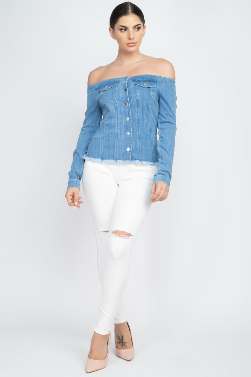 Off-Shoulder Distressed Hem Denim Jacket