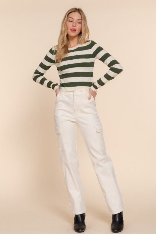 CREW NECK STRIPE FITTED SWEATER