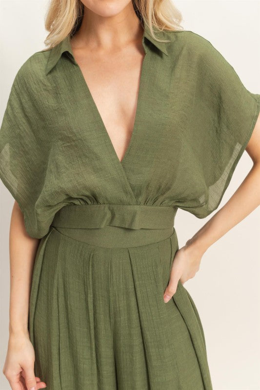 Collared Wrap Top & Wide-leg Pants Set