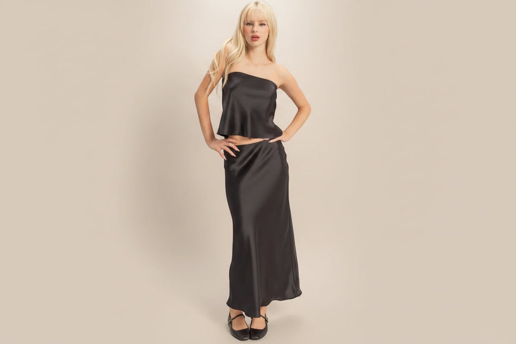 High-Waisted Satin Midi Skirt