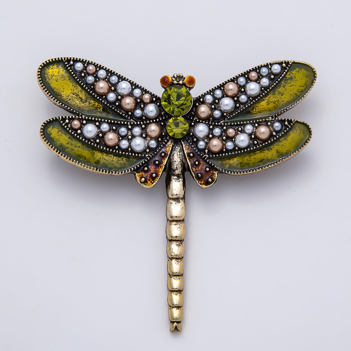 Vintage Gold 55mm Multicolor Rhinestone Shell Pearl Green Dragonfly Pin Brooch