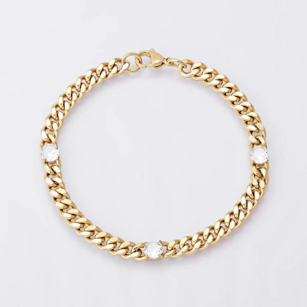Gold Stainless Steel 6.3mm Triple CZ Curb Chain 8.5 Inch Bracelet