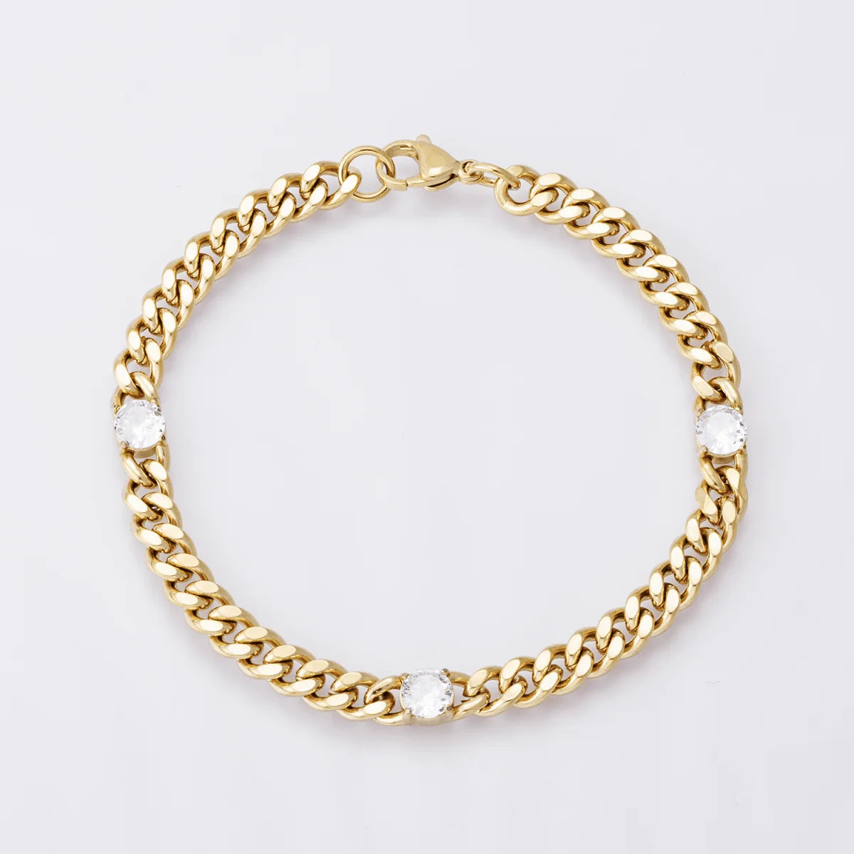 Gold Stainless Steel 6.3mm Triple CZ Curb Chain 8.5 Inch Bracelet