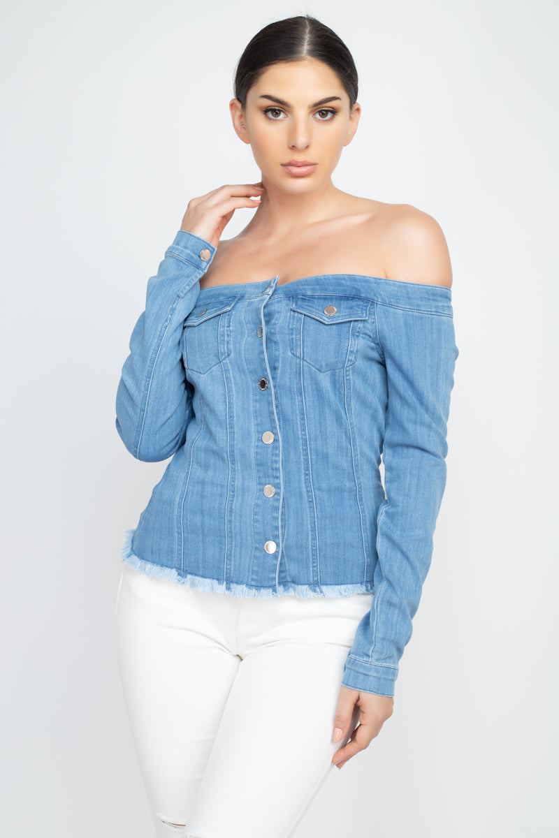Off-Shoulder Distressed Hem Denim Jacket