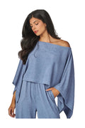 Luxe Life Styled blue crinkled plisse cape kimono and wide-leg pants set with rhinestone details.