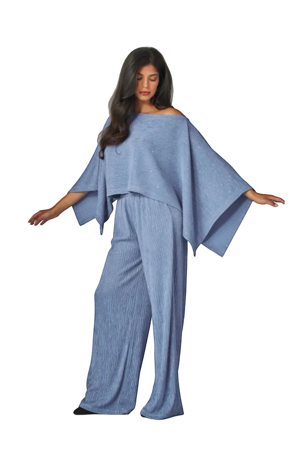 Luxe Life Styled blue crinkled plisse cape kimono and wide-leg pants set with rhinestone details.