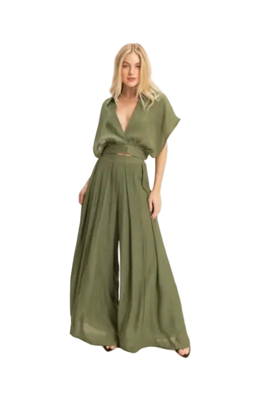 Collared Wrap Top & Wide-leg Pants Set