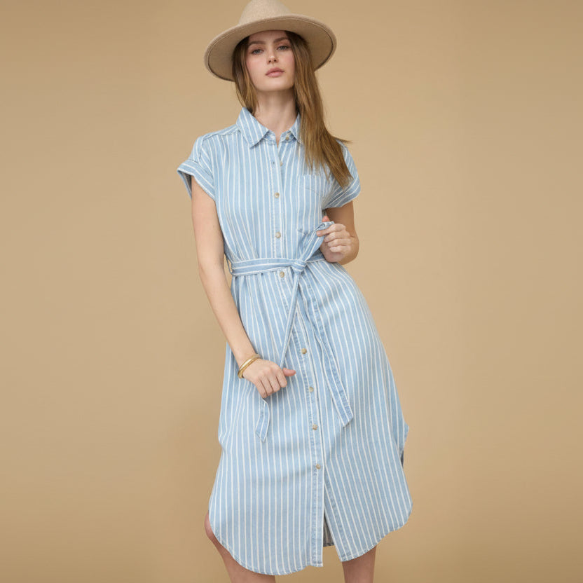 Stripe Chambray Collared Tie Belt Strap Midi Dress