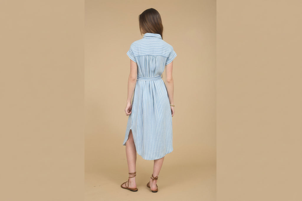 Stripe Chambray Collared Tie Belt Strap Midi Dress