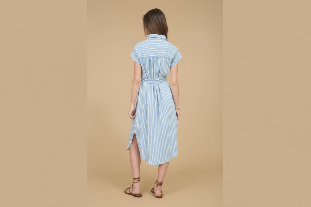 Stripe Chambray Collared Tie Belt Strap Midi Dress