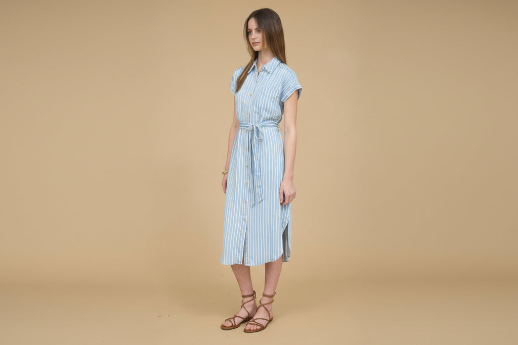 Stripe Chambray Collared Tie Belt Strap Midi Dress