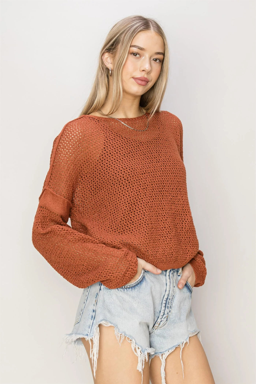 Open Knit Drop Shoulder Sweater