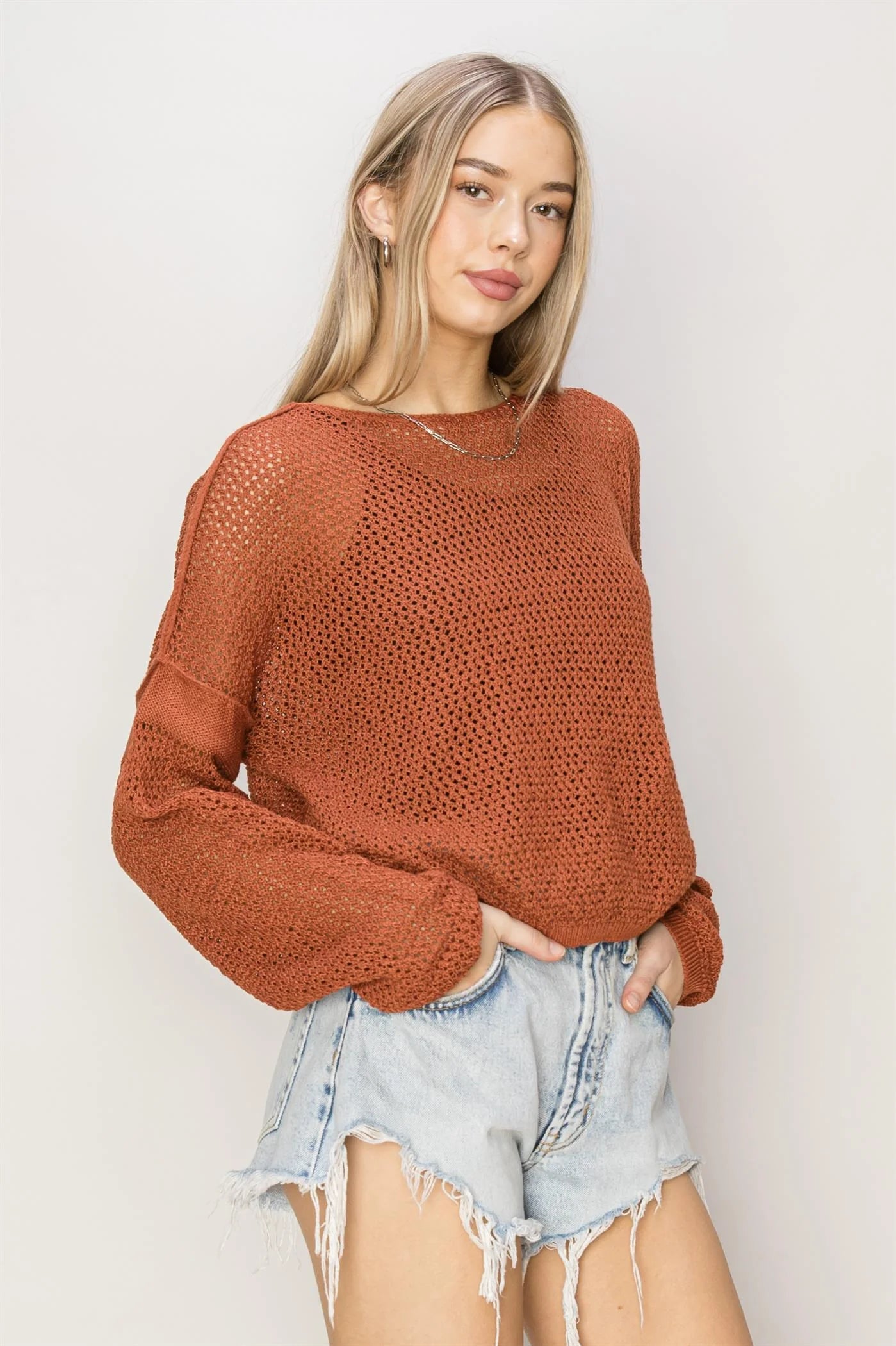 Open Knit Drop Shoulder Sweater