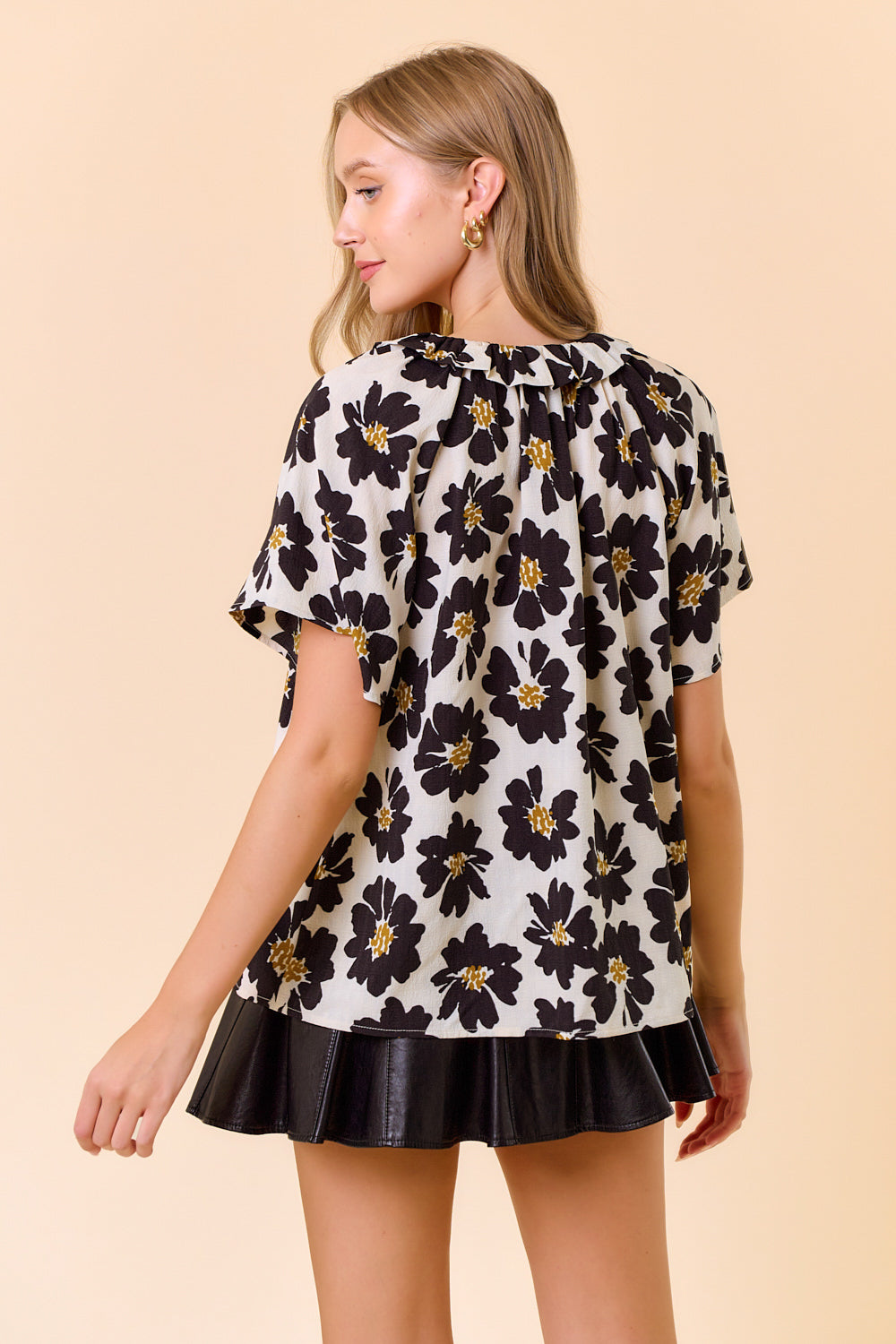 Floral Print Split V-Neck Button Down Flutter Short Sleeve Top