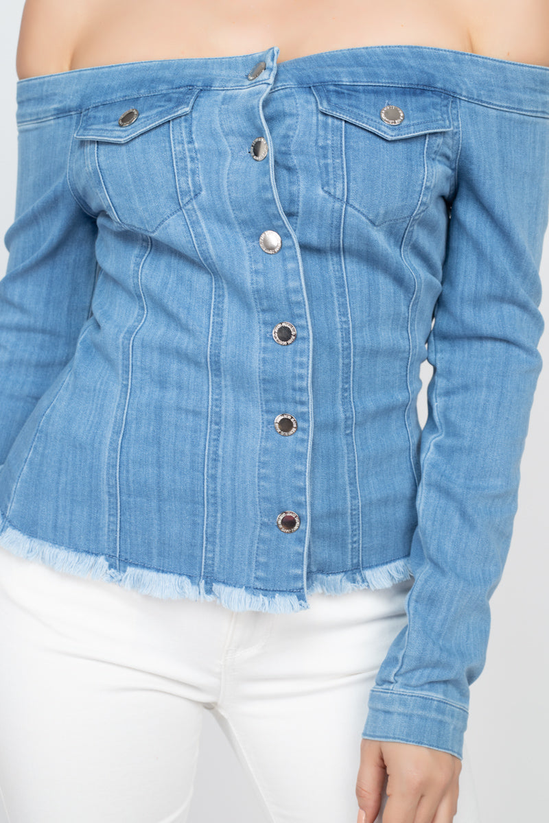 Off-Shoulder Distressed Hem Denim Jacket