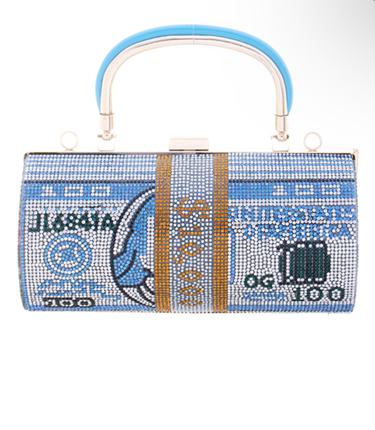 Rhinestone 10K Money Cylinder Shape Chain Handle Clutch Bag