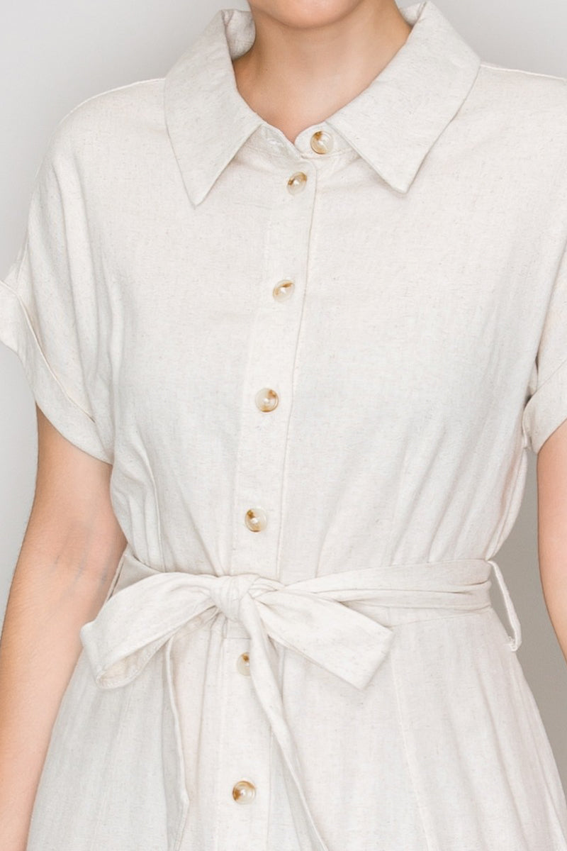 Button Down Belted Side Slit Maxi Dress