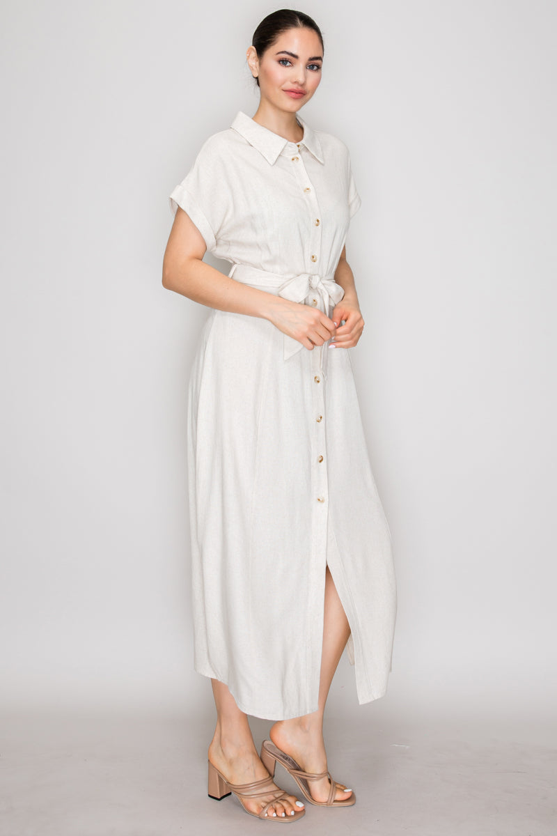 Button Down Belted Side Slit Maxi Dress