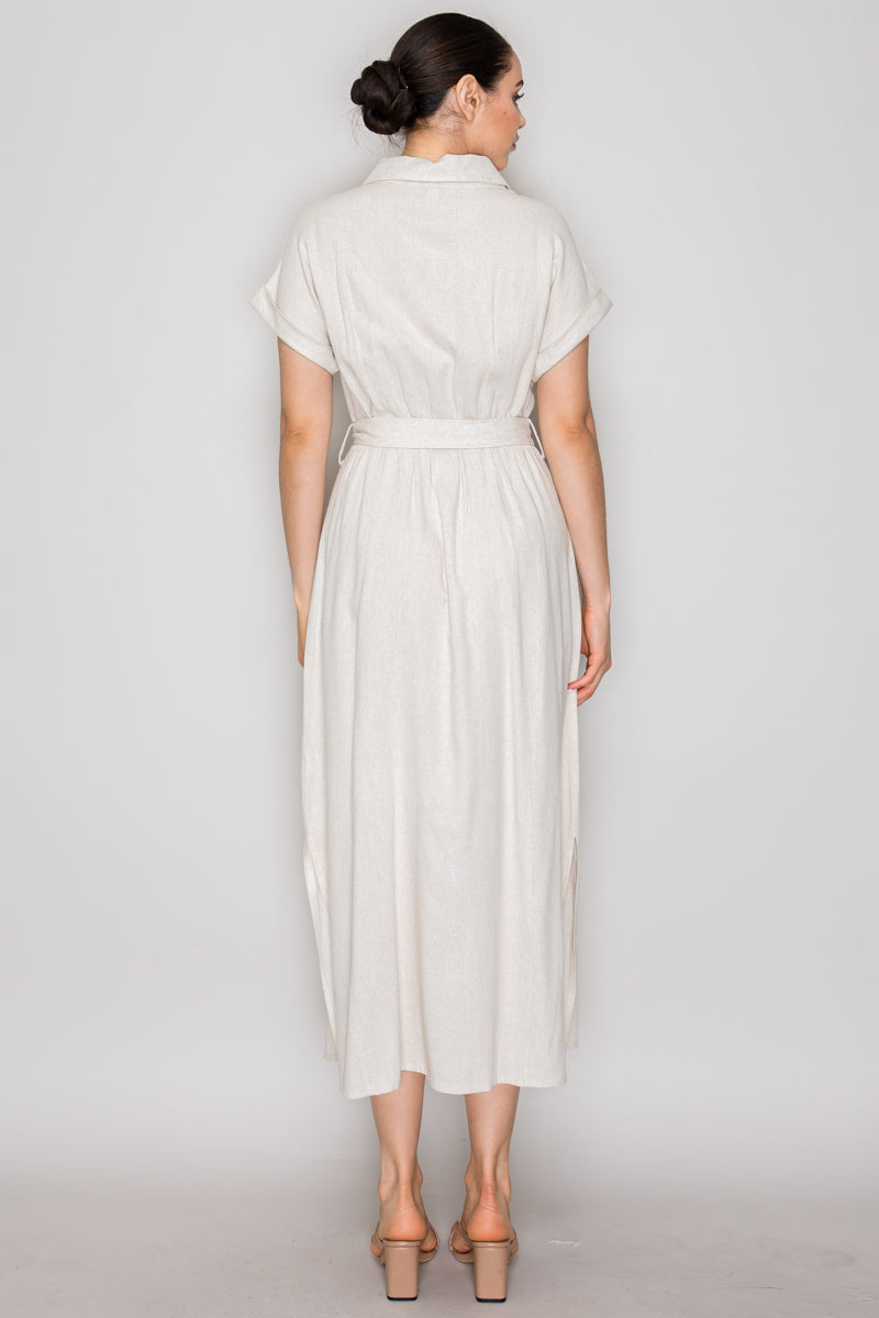 Button Down Belted Side Slit Maxi Dress