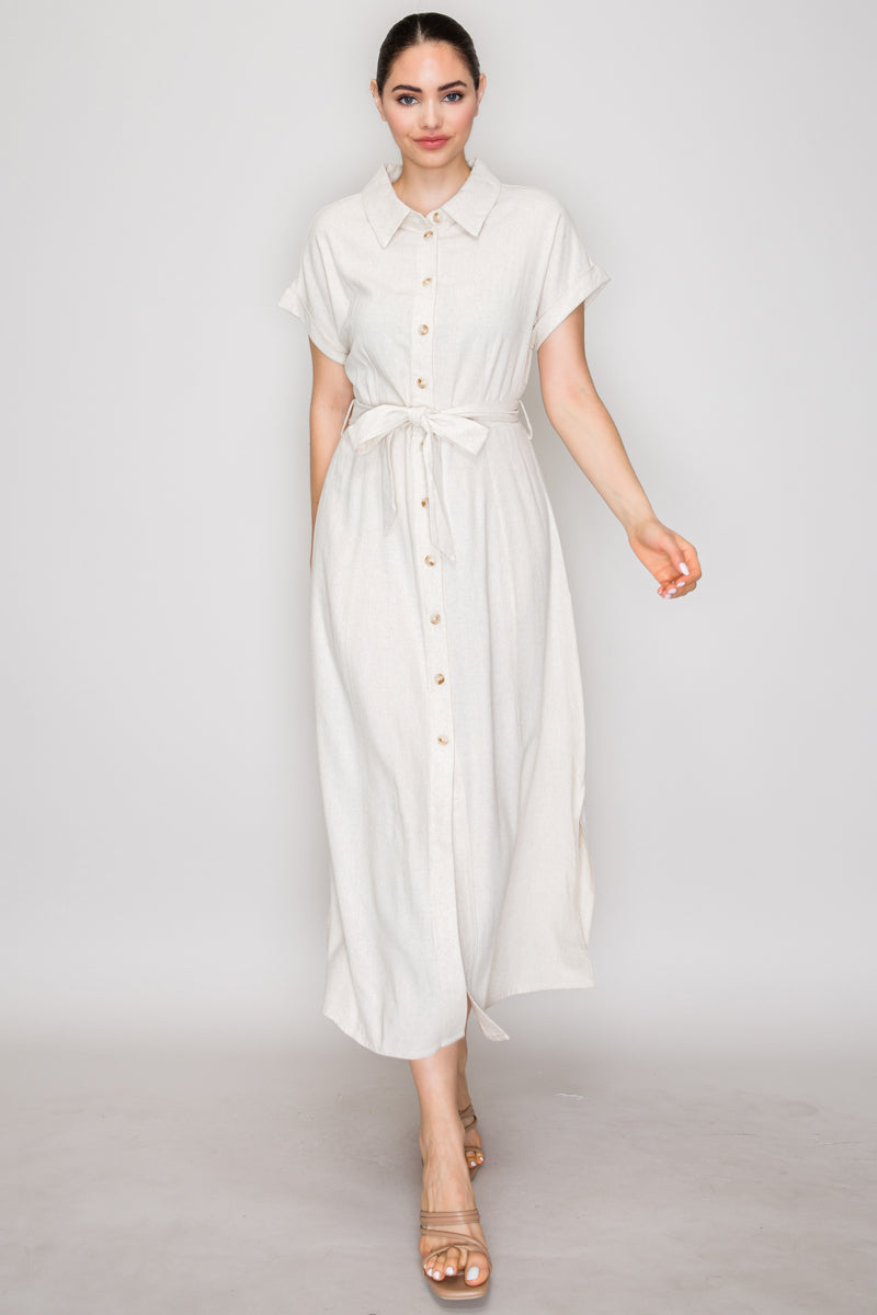 Button Down Belted Side Slit Maxi Dress