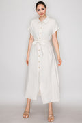 Button Down Belted Side Slit Maxi Dress