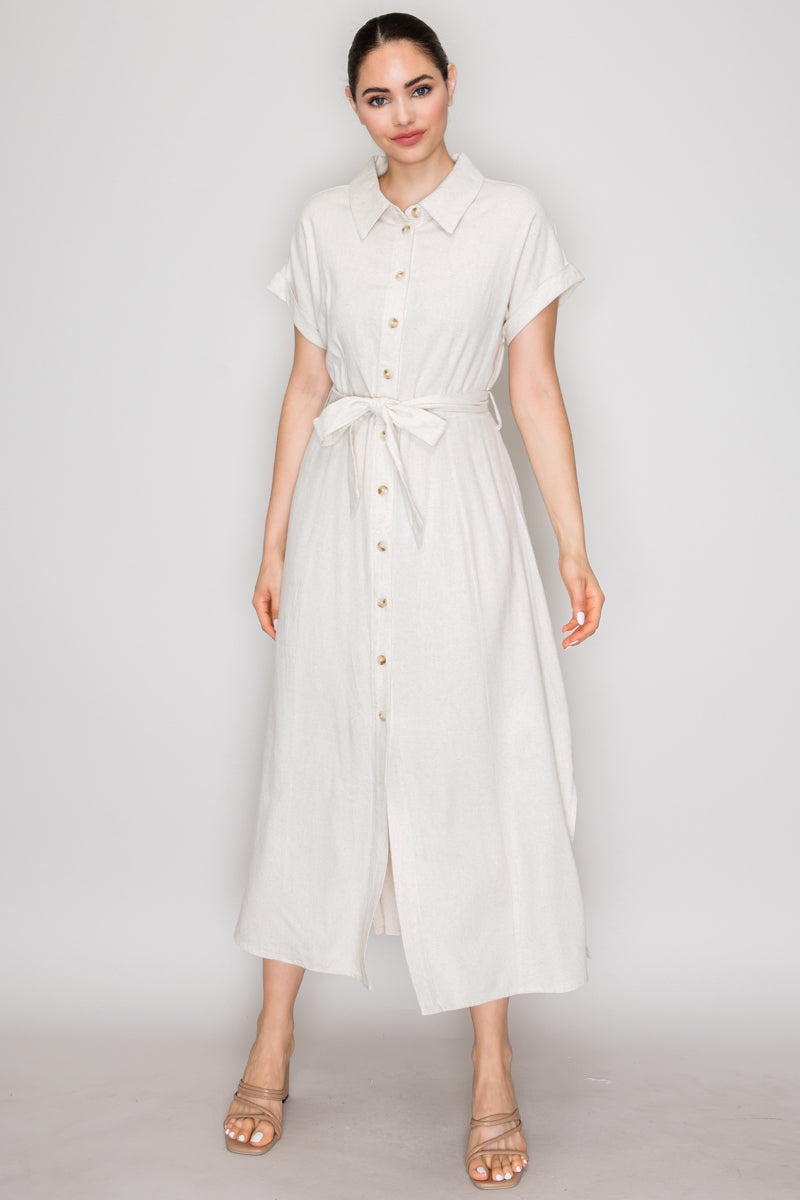 Button Down Belted Side Slit Maxi Dress