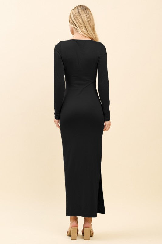 Double Layered Boat Neck Long Sleeve Slit Maxi