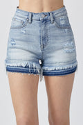 High Rise Ombre Patch Hem Denim Shorts - Risen