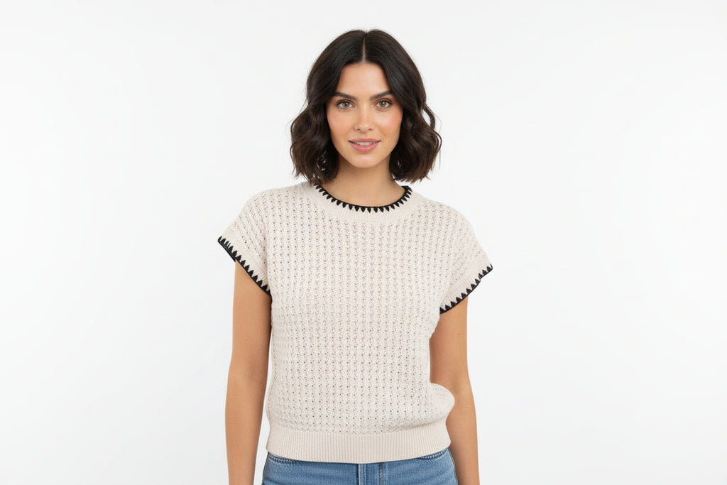Textured Knit Short Sleeve Sweater