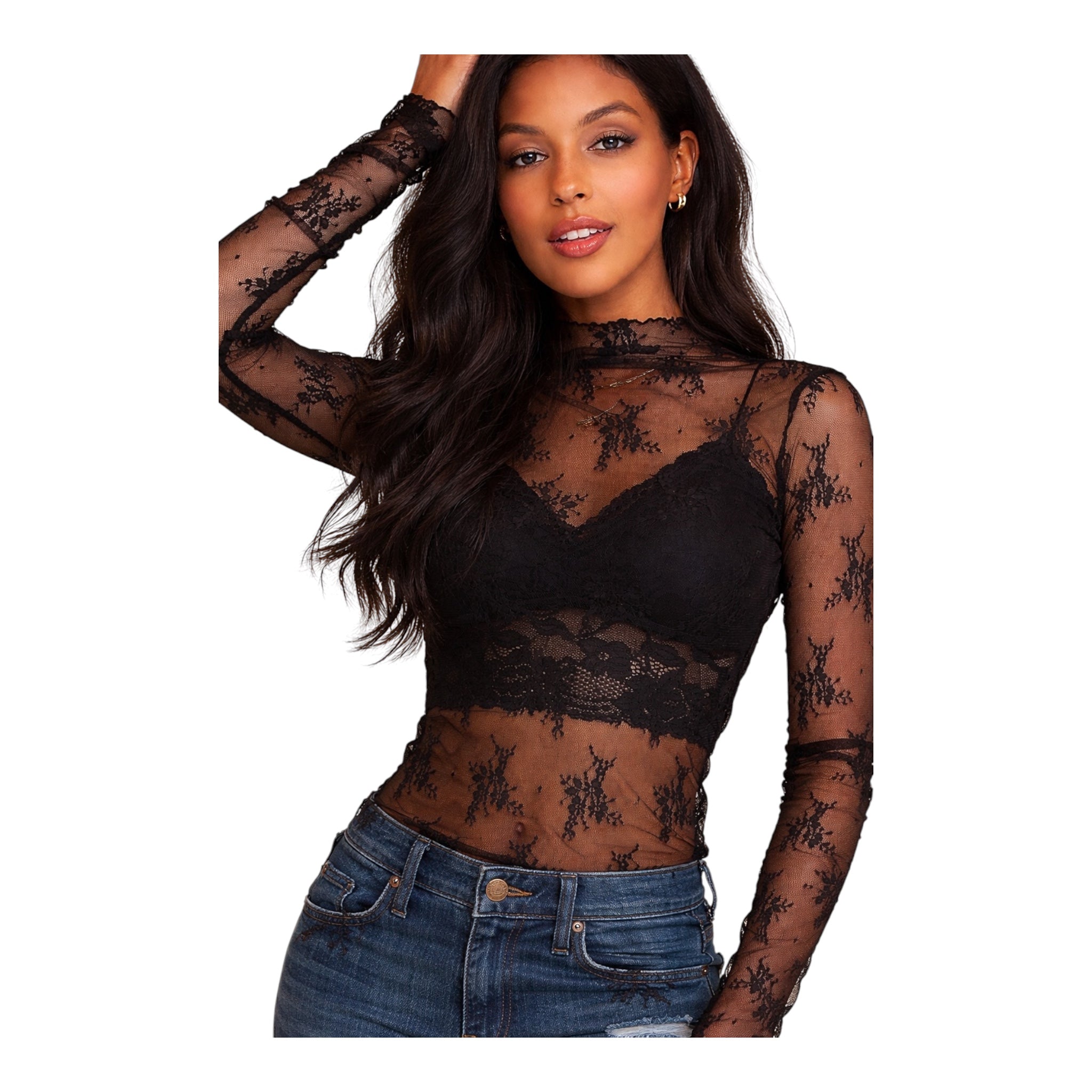 Mesh Lace High Neck- Long Sleeve Fitted Top