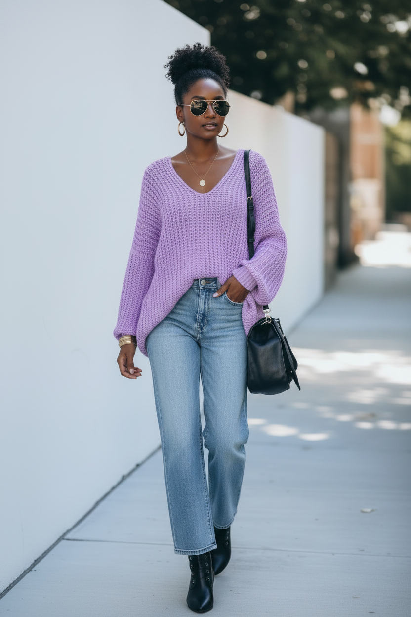 Chenille Cable Knit Oversized V-Neck Sweater