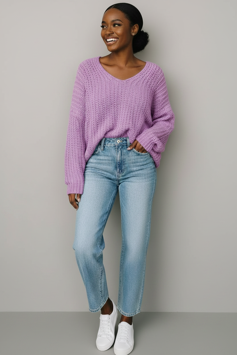 Chenille Cable Knit Oversized V-Neck Sweater