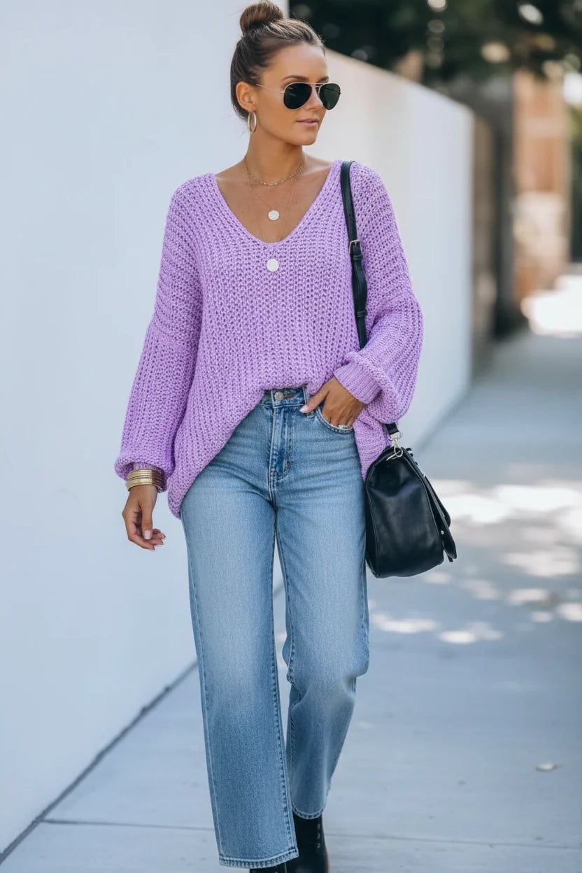 Chenille Cable Knit Oversized V-Neck Sweater