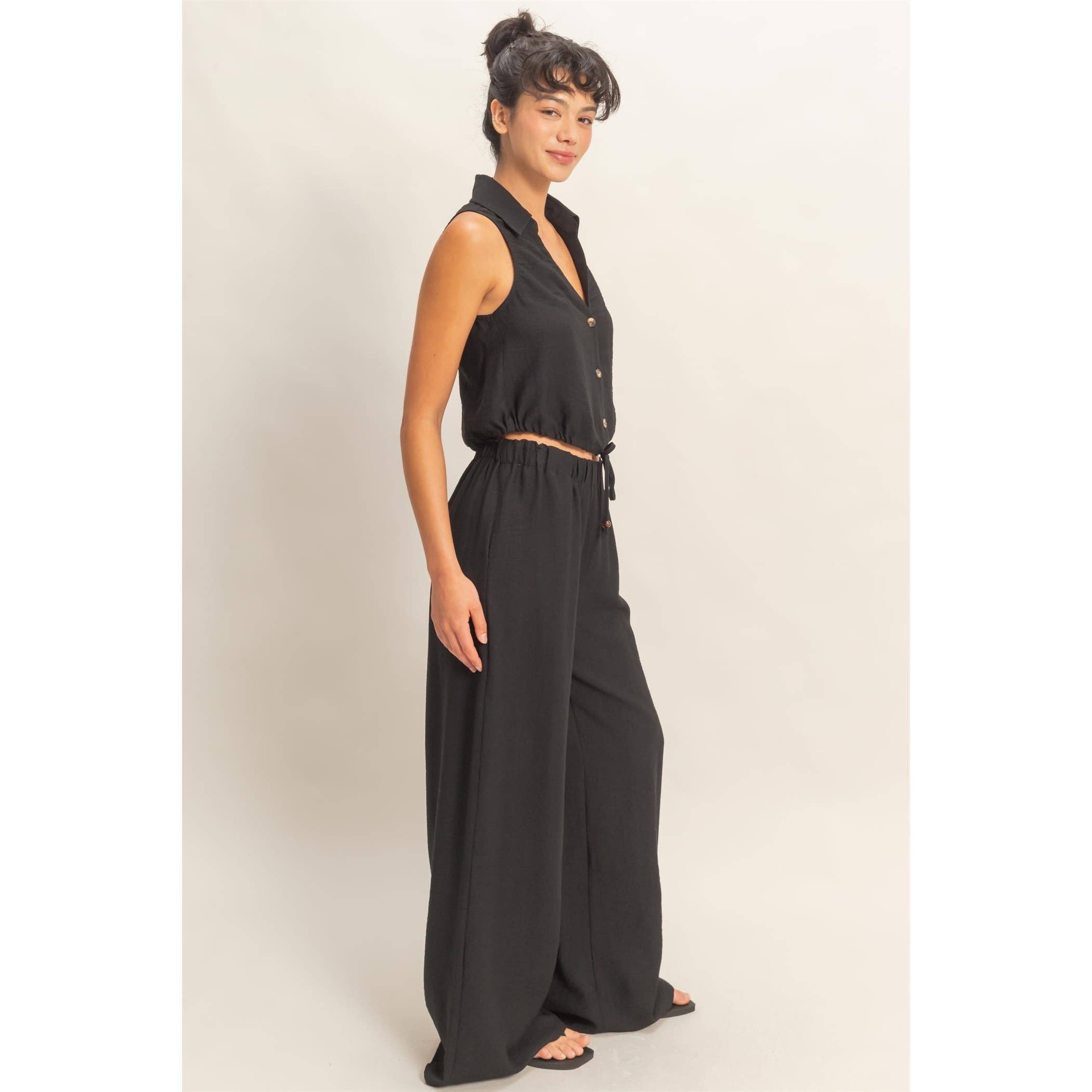 Button Front Vest & Elastic Pants Set